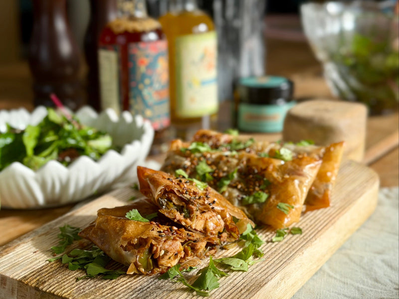 Frasiga dumplings i filodeg med kyckling