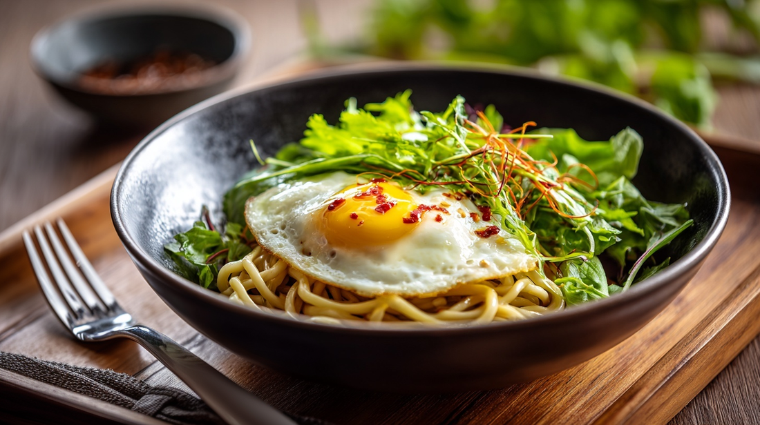 Umamioljanudlar med stekt ägg och sallad